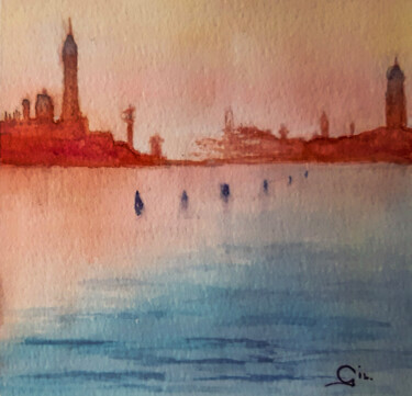 Pintura titulada "lagune au coucher" por Gilles Mathieu, Obra de arte original, Acuarela