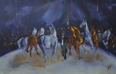 Painting titled "Le moulin" by Thierry Faure, Original Artwork, Oil Mounted on Wood Stretcher frame