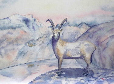 Aquarelle originale et unique: Bouquetin de la Gordolasque Peinture intitulée "Aquarelle originale…" par Isabelle Redonnet, Œuvre d'art originale, Aquarelle