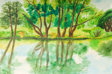Willow trees with reflection in lake Painting titled "Willow trees with r…" by Irina Afonskaya, Original Artwork, Watercolor