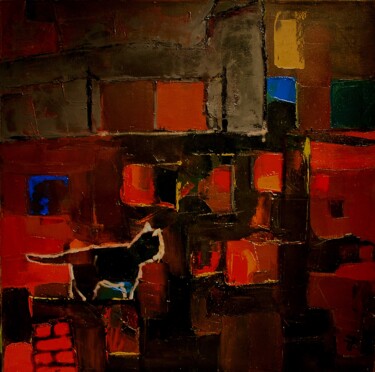 Painting titled "Le petit chat" by Thierry Faure, Original Artwork, Oil Mounted on Wood Stretcher frame