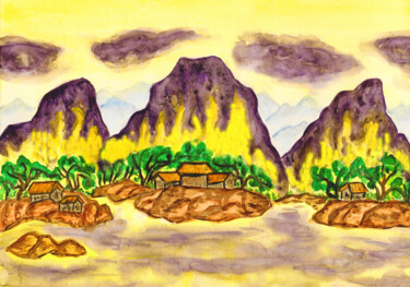 Violet hills on yellow 绘画 标题为“Violet hills on yel…” 由Irina Afonskaya, 原创艺术品, 水彩