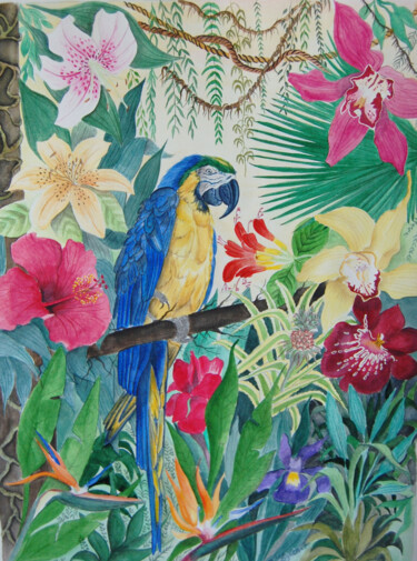 ara aux fleurs - aquarelle originale signée 绘画 标题为“ara aux fleurs - aq…” 由Patricia Giroldini Hyvernat, 原创艺术品, 水彩