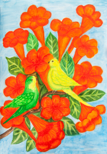 Two little parrots green and yellow on branch with campsis Painting titled "Two little parrots…" by Irina Afonskaya, Original Artwork, Watercolor