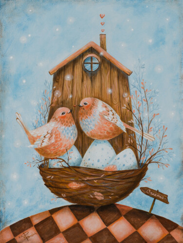 Birds of happiness Painting titled "Birds of happiness" by Aleksandra Paranchenko, Original Artwork, Acrylic Mounted on Wood Stretcher frame