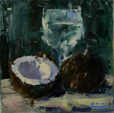 Still life. Miniature for the kitchen. Coconut and crystal Painting titled "Still life. Miniatu…" by Oleg Sharapanovsky, Original Artwork, Oil Mounted on Wood Stretcher frame