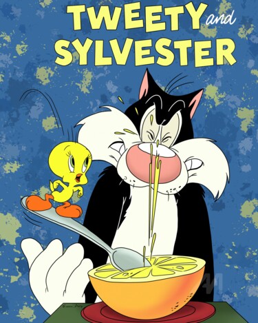 数字艺术 标题为“Tweety and Sylvester” 由Olga Guseva, 原创艺术品, 2D数字工作