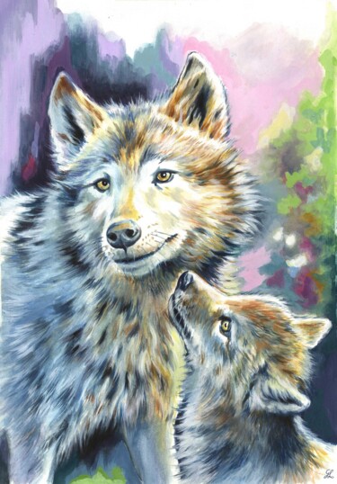 Maman je t'aime - Louve et louveteau 绘画 标题为“Maman je t'aime -…” 由Ghislaine Letourneur, 原创艺术品, 水粉 安装在纸板上