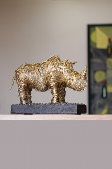 Golden rhino (20x30x12 2.9kg iron, brass, tufa) Sculpture titled "Golden rhino (20x30…" by Karen Axikyan, Original Artwork, Metals