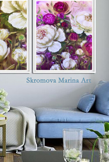 DOUBLE TREASURE - Set of 2 peonies. Buds. Pink. Flowers. Painting titled "DOUBLE TREASURE - S…" by Marina Skromova, Original Artwork, Oil Mounted on Wood Panel