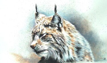 绘画 标题为“A l'écoute- Lynx bo…” 由Ghislaine Letourneur, 原创艺术品, 水粉 安装在纸板上