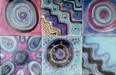 6 carreaux de faïence murale ,décor abstrait tons bleus et r 雕塑 标题为“6 carreaux de faïen…” 由Anne Cabon, 原创艺术品, 陶瓷