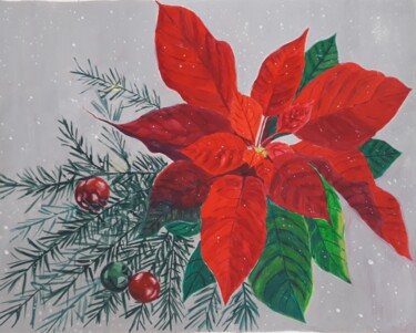 Painting titled "Poinsettia" by Dharsha Samarasinha, Original Artwork, Gouache
