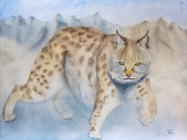 Aquarelle originale et unique, intitulée: Lynx boréal Peinture intitulée "Aquarelle originale…" par Isabelle Redonnet, Œuvre d'art originale, Aquarelle