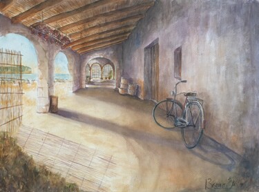 Painting titled "Bicicleta en el riu…" by Joana Bisquert, Original Artwork, Watercolor Mounted on Other rigid panel