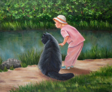 제목이 "A girl with a cat"인 미술작품 Tatiana Karchevskaya로, 원작, 기름 나무 들것 프레임에 장착됨