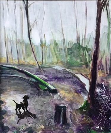 Dog Walk with Felled Tree Pintura titulada "Dog Walk with Felle…" por Sandra Haney, Obra de arte original, Acrílico