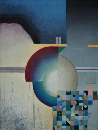 Mit drei roten Linien Malerei mit dem Titel "Mit drei roten Lini…" von Reiner Makarowski, Original-Kunstwerk, Öl