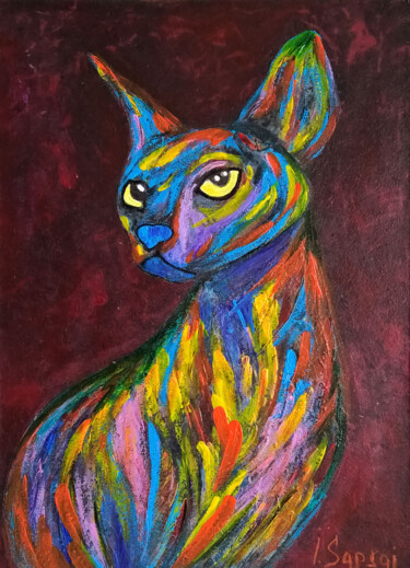 Painting of Sphinx cat portrait. Pop art cat. 绘画 标题为“Painting of Sphinx…” 由Iryna Sapsai, 原创艺术品, 丙烯