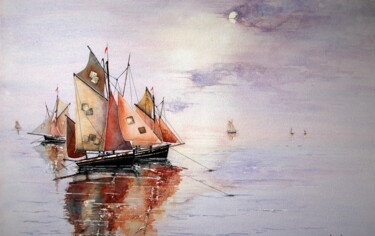 Painting titled "retour de pêche IV" by Jacques Dolley, Original Artwork, Watercolor