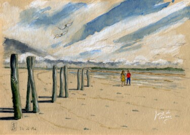 Ile de Ré, plage Pintura titulada "Ile de Ré, plage" por Loran De Cevinne, Obra de arte original, Acuarela
