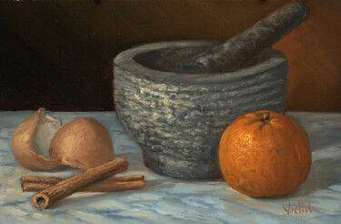 Pestle and mortar, orange, cinnamon and egg shell Painting titled "Pestle and mortar,…" by Christopher Vidal, Original Artwork, Oil Mounted on Aluminium