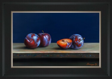 Still life red plums (40x 25cm, oil on panel) Painting titled "Still life red plum…" by Gevorg Sinanyan, Original Artwork, Oil Mounted on Other rigid panel