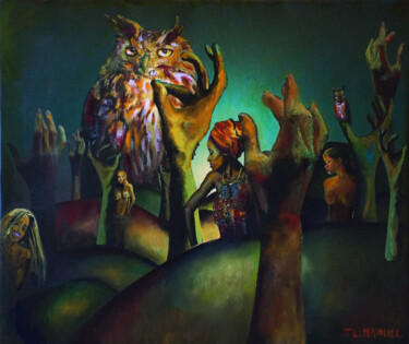 Malerei mit dem Titel "Hiboux en Forêt" von Jean-Louis Manuel, Original-Kunstwerk, Öl Auf Keilrahmen aus Holz montiert