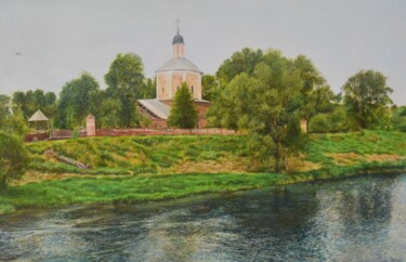 CHURCH BY THE RIVER Peinture intitulée "CHURCH BY THE RIVER" par Sergey Suslov, Œuvre d'art originale, Huile Monté sur Châssis en bois
