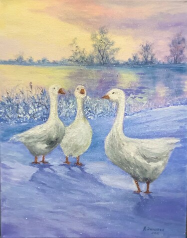 Winter Geese Original Painting Oil Birds Artmajeur Painting titled "Winter Geese Origin…" by Antonina Dunaeva, Original Artwork, Oil