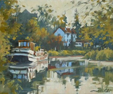 Painting titled "La péniche (huile s…" by Christian Arnould, Original Artwork, Oil