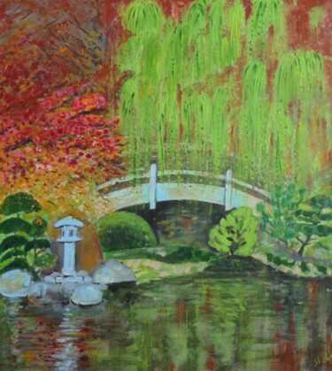 A Tranquil Japanese Garden Peinture intitulée "A Tranquil Japanese…" par Shahid Zuberi, Œuvre d'art originale, Acrylique