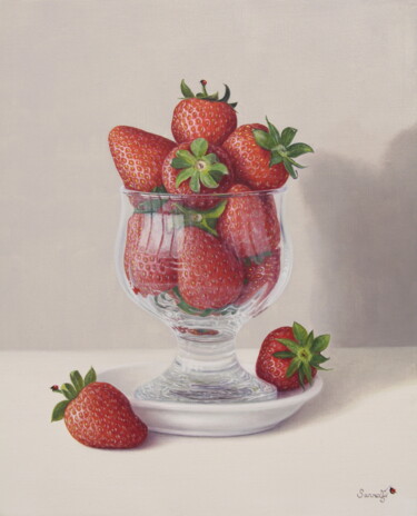 Une coupe gourmande de fraises ! Peinture intitulée "Une coupe gourmande…" par Reza Sarrafi, Œuvre d'art originale, Huile Monté sur Châssis en bois