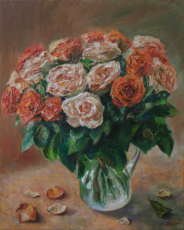 For Loved Ones. Original Floral Oil Painting Of Roses Painting titled "For Loved Ones. Ori…" by Nikolay Dmitriev, Original Artwork, Oil Mounted on Wood Stretcher frame