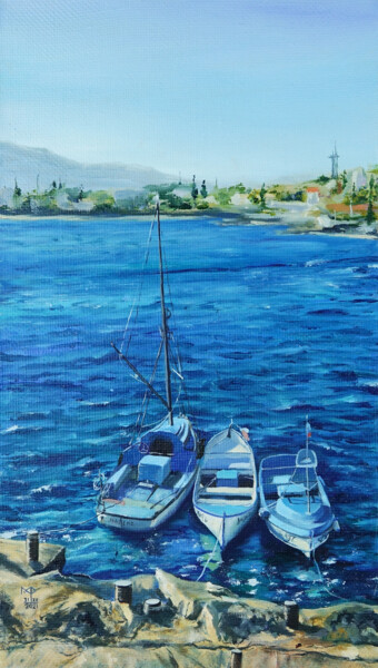 Three friends. Landscape with boats. Peinture intitulée "Three friends. Land…" par Marie Faleeva, Œuvre d'art originale, Huile Monté sur Châssis en bois