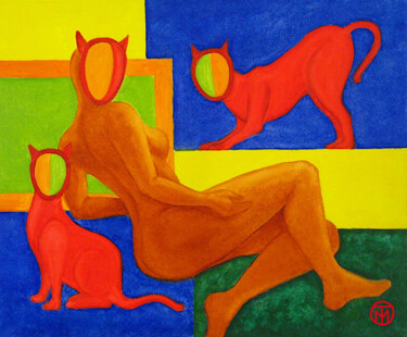 Nude Painting Erotic Naked Woman Art Cat Painting Colorful 제목이 "Nude Painting Eroti…"인 미술작품 Tatiana Matveeva로, 원작, 기름