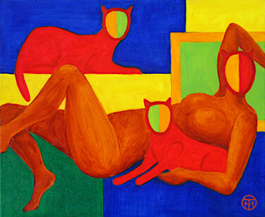 Erotic Painting Nude Woman Cat Art Abstract Colorful Art Pintura intitulada "Erotic Painting Nud…" por Tatiana Matveeva, Obras de arte originais, Óleo Montado em Armação em madeira