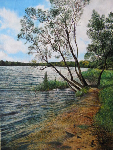 绘画 标题为“ON THE LAKE” 由Sergey Suslov, 原创艺术品, 油 安装在木质担架架上