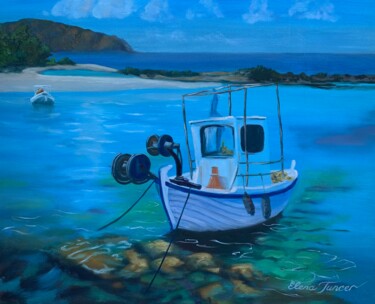 ''Fishing Little Boat'' on Blue Water, Oil on Canvas 绘画 标题为“''Fishing Little Bo…” 由Elena Tuncer, 原创艺术品, 油