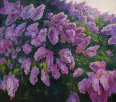 Blooming Lilac Bush - Original Spring Floral Oil Painting Painting titled "Blooming Lilac Bush…" by Nikolay Dmitriev, Original Artwork, Oil Mounted on Wood Stretcher frame
