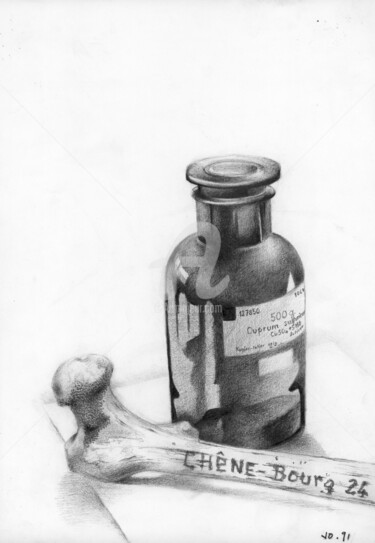 Drawing titled "Bouteille et son os" by Olivier Junod, Original Artwork, Pencil