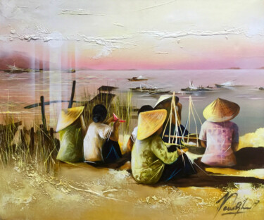 Painting titled "RETOUR DES PECHEURS" by Raymond Poulet, Original Artwork, Oil
