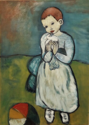 绘画 标题为“Child with bird” 由Kateart, 原创艺术品, 油 安装在木质担架架上
