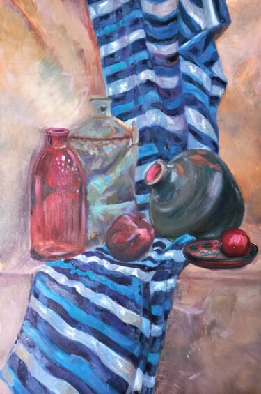 Still life with vessels and striped cloth Painting titled "Still life with ves…" by Mika Shigeru, Original Artwork, Oil