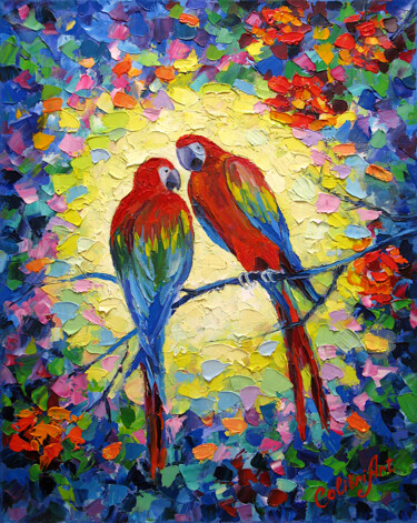 Parrot Painting Love Couple Impasto Painting Colorful Art Ζωγραφική με τίτλο "Parrot Painting Lov…" από Tatiana Matveeva, Αυθεντικά έργα τέχνης, Λάδι Τοποθετήθηκε στο Ξύλινο φορείο σ…