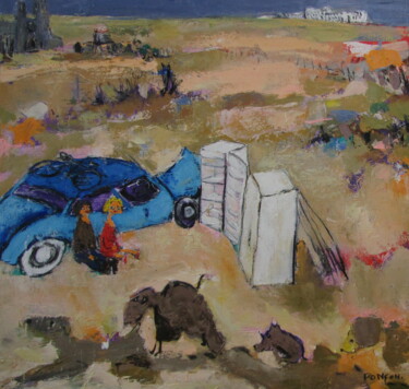 Le campement Peinture intitulée "Le campement" par Alain Ponçon, Œuvre d'art originale, Huile Monté sur Châssis en bois