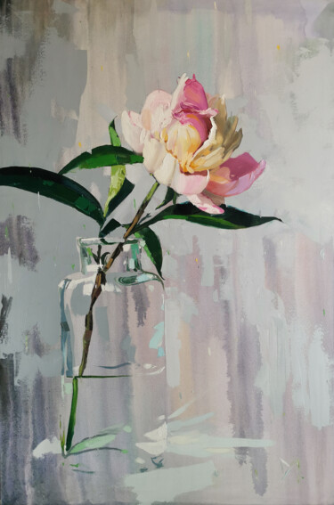 Painting titled "Peony" by Daniil Mikhailov, Original Artwork, Oil Mounted on Wood Stretcher frame