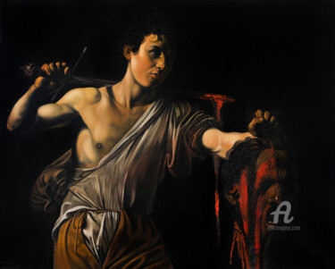 David with Head by Caravaggio, from The Holy pictures series Schilderij getiteld "David with Head by…" door Roman Rembovsky, Origineel Kunstwerk, Olie Gemonteerd op Frame voor houten br…