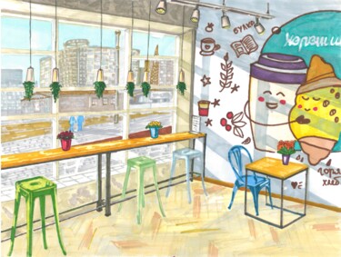 Cafe interior 绘画 标题为“Cafe interior” 由Mika Shigeru, 原创艺术品, 标记