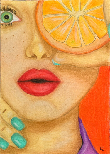 Woman face orange pop art pastel woman portrait young female Рисунок под названием "Woman face orange p…" - Elena Polak, Подлинное произведение искусства, Пастель
